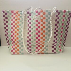 NWOT Kate Spade Rainbow Checkered Woven Large Tote Bag Beach Carryall